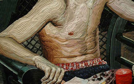 A close up of a painting of a man sitting in a chair.