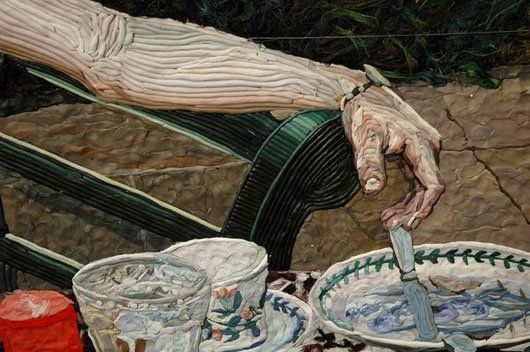 A painting of a person sitting on a bench with a plate of food.