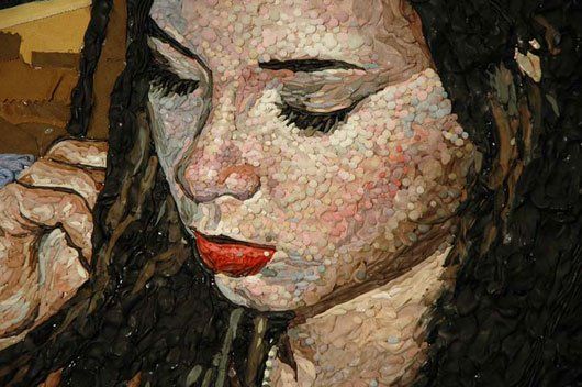 A close up of a painting of a woman talking on a cell phone.