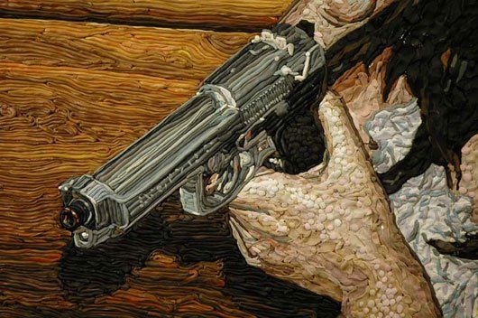Close up of art showing a person holding a gun in their hands.