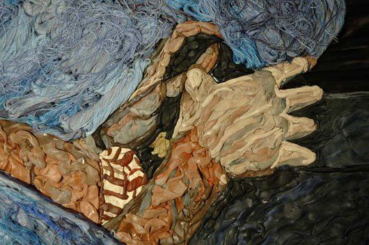 A close up of a painting of a person holding another person 's hand.