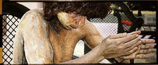 A painting of a man with his hands folded in prayer.