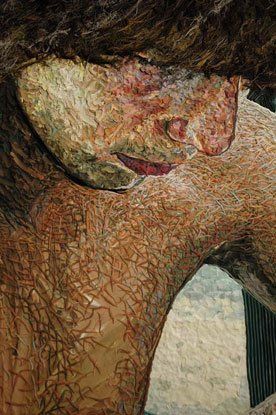 A close up of a painting of a man 's face and neck.