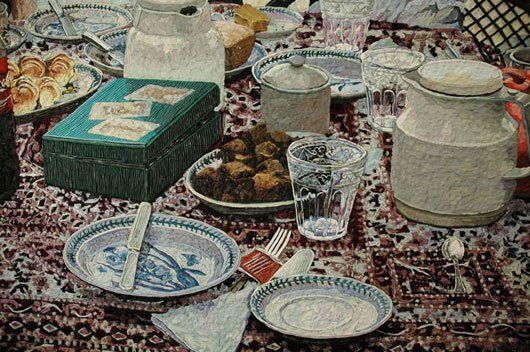 A painting of a table with plates , glasses , utensils , and food on it.
