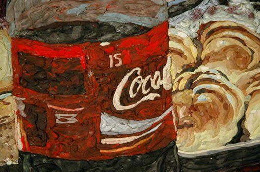 A close up of a painting of a coca cola bottle on a table.