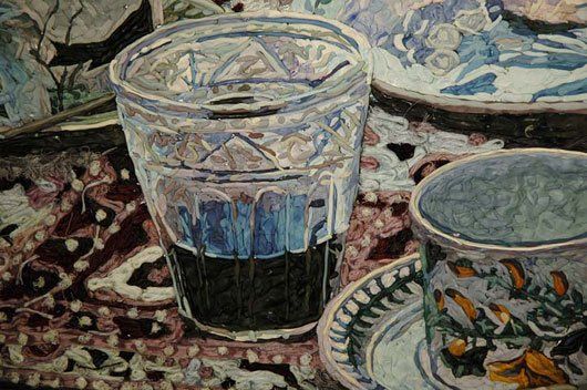 A painting of a glass and cups on a table.