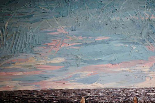 A close up of a painting of a sunset over a body of water.