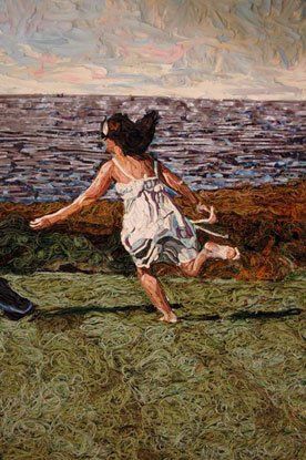 A painting of a woman in a white dress running towards the ocean.