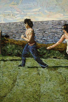 A painting of a man and a woman running in a field.