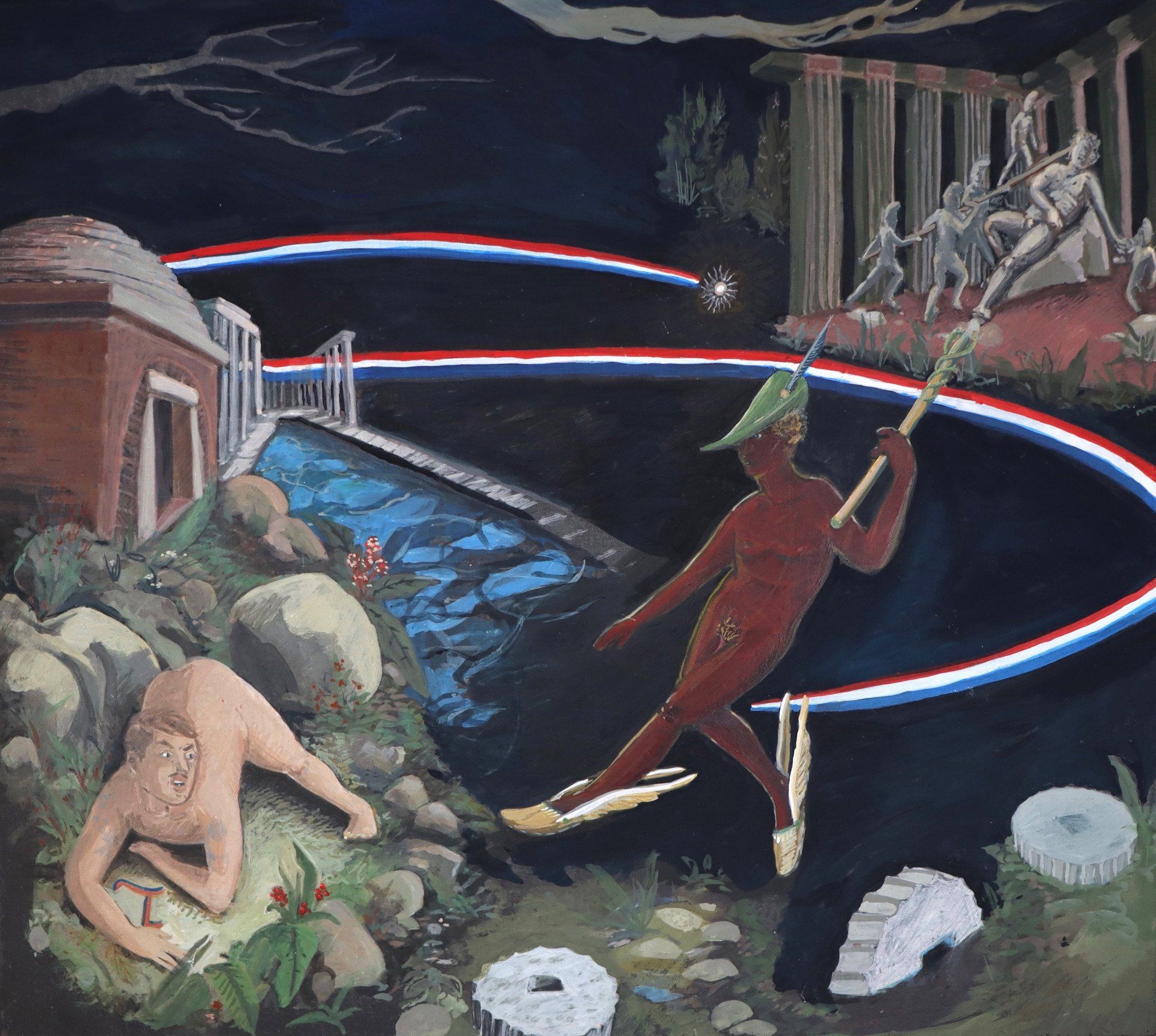 A painting of a man laying on the ground with a bird on his head