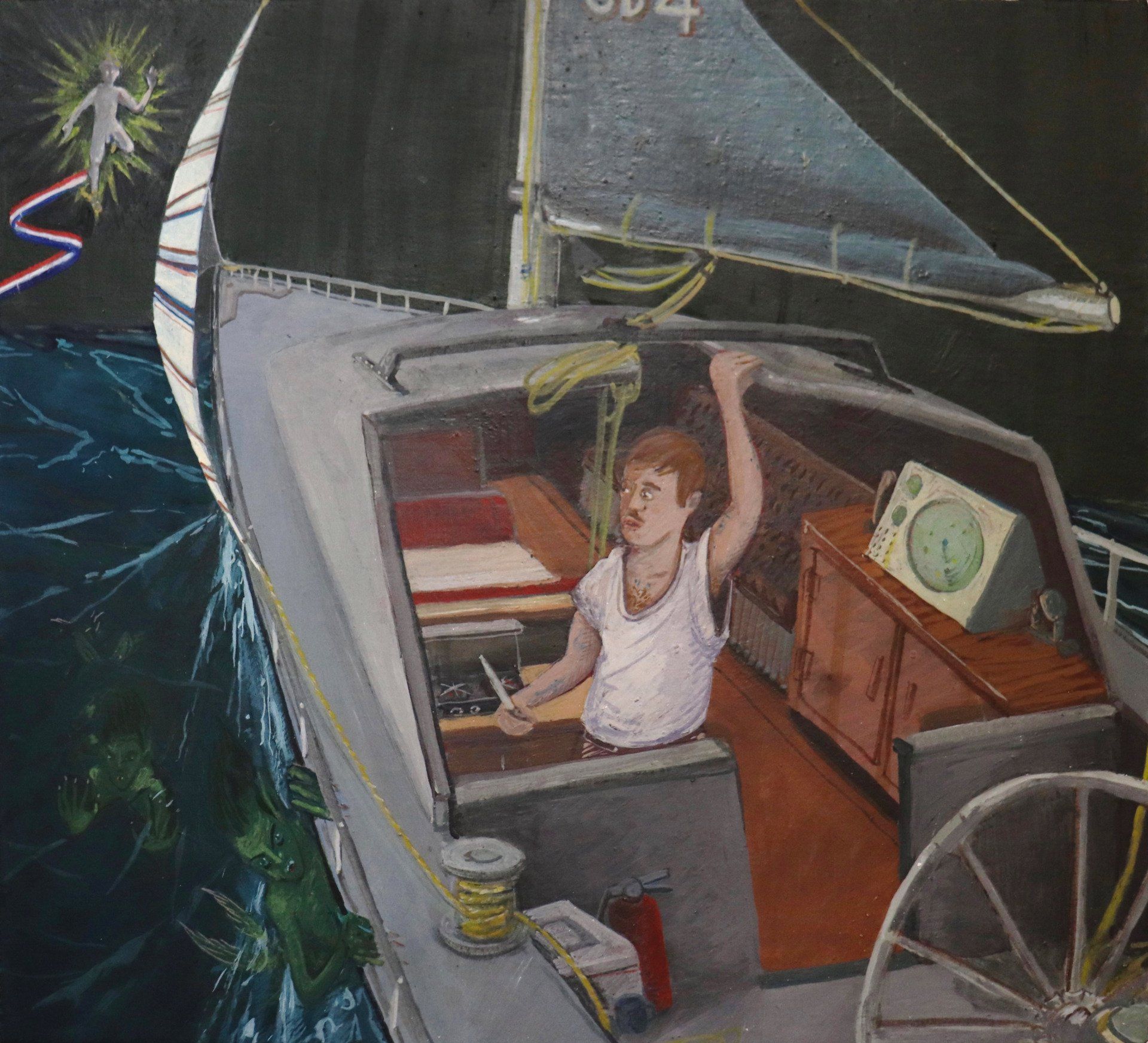 A painting of a person on a boat with the number 4 on it