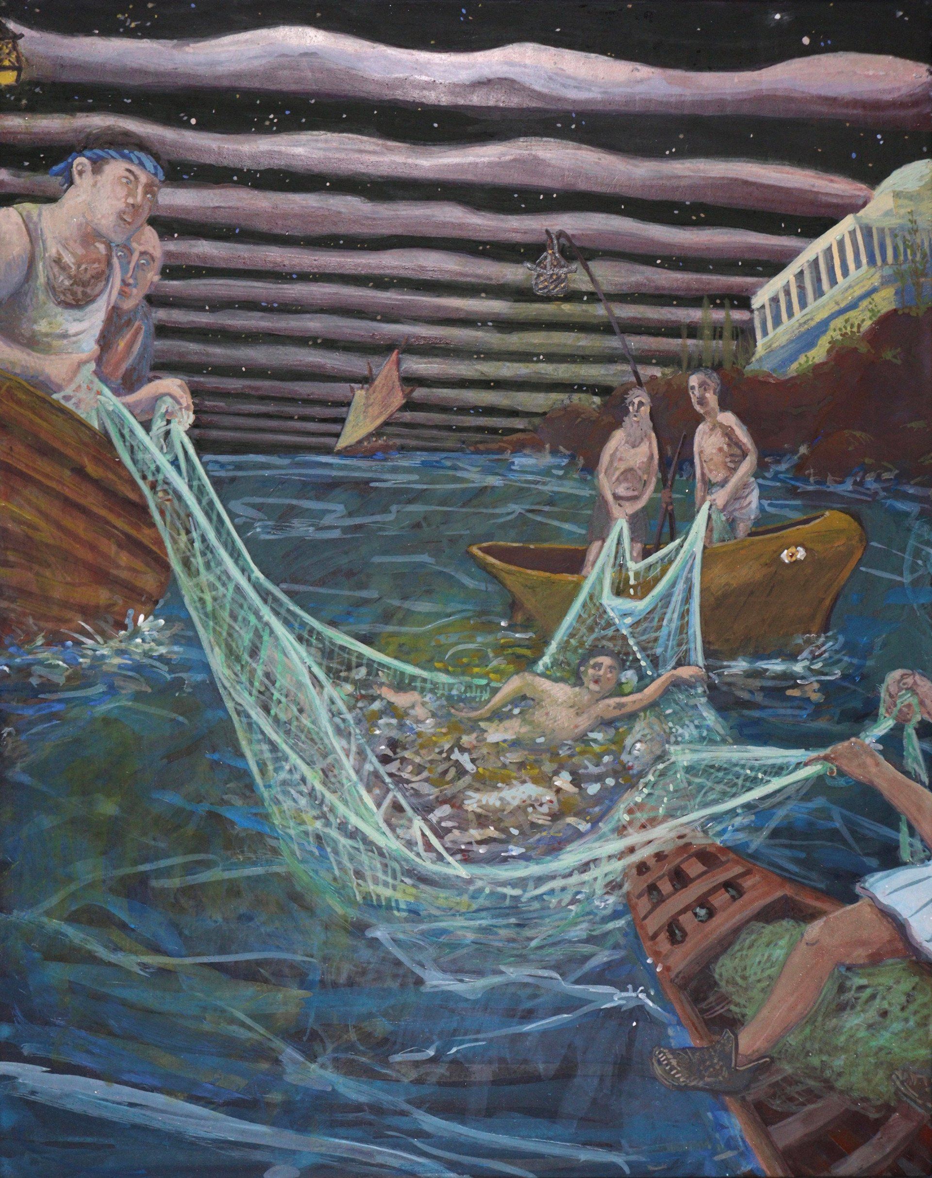 A painting of a group of people in boats pulling a net out of the water.