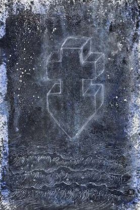 A drawing of a cross and a heart on a wall.