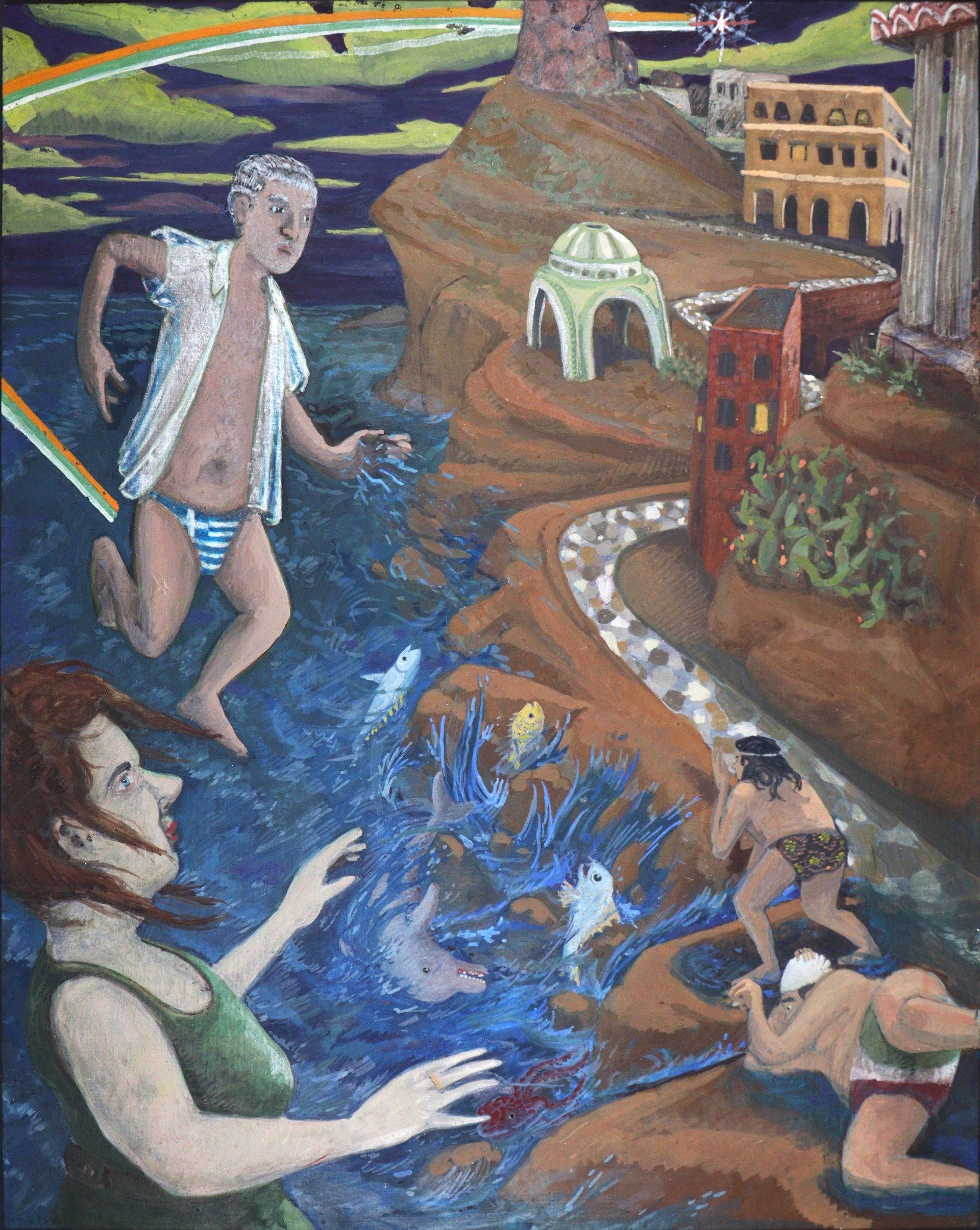 A painting of a man and a woman in the water