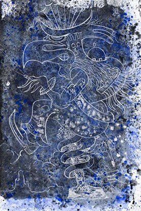 A drawing of a woman with long hair and a beard on a blue background.