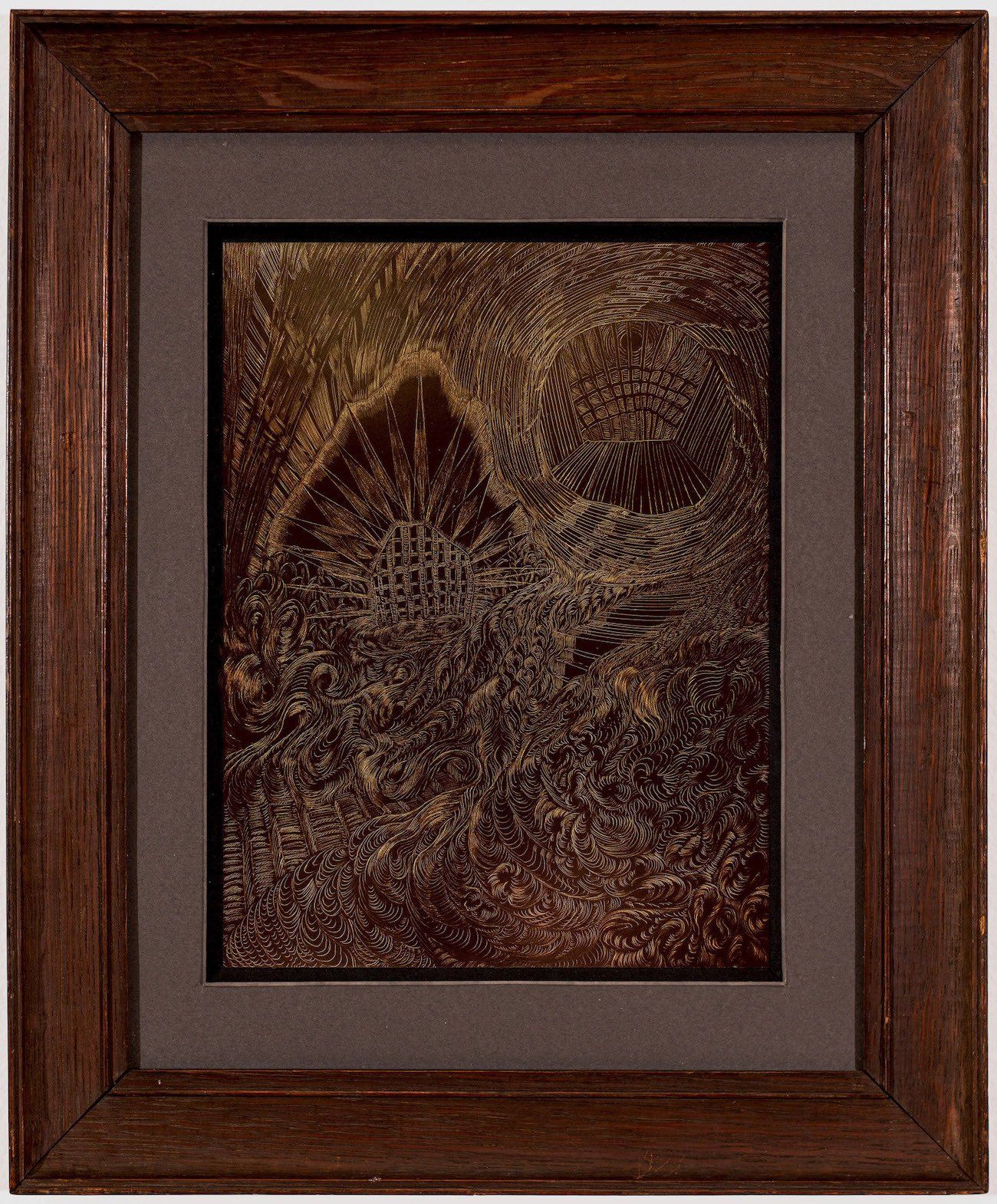 A picture in a wooden frame on a white background