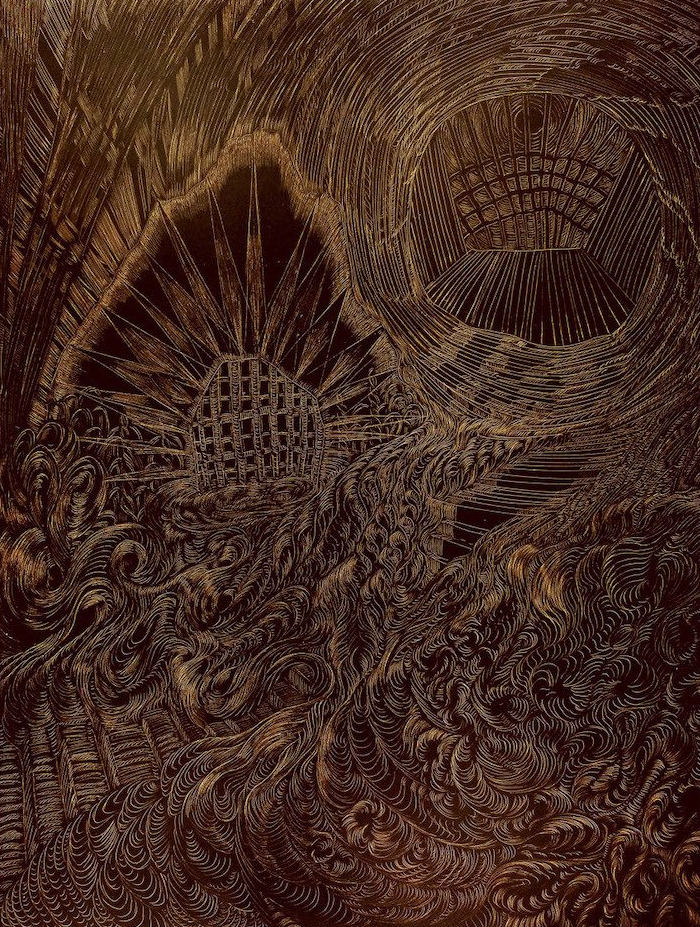 A close up of a painting of a cave with a hole in the middle.