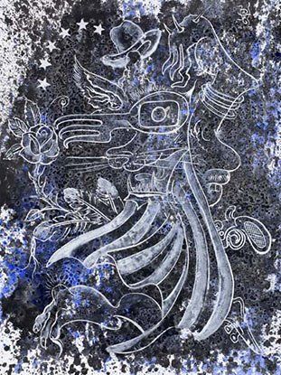 A black and white figure on a blue background.