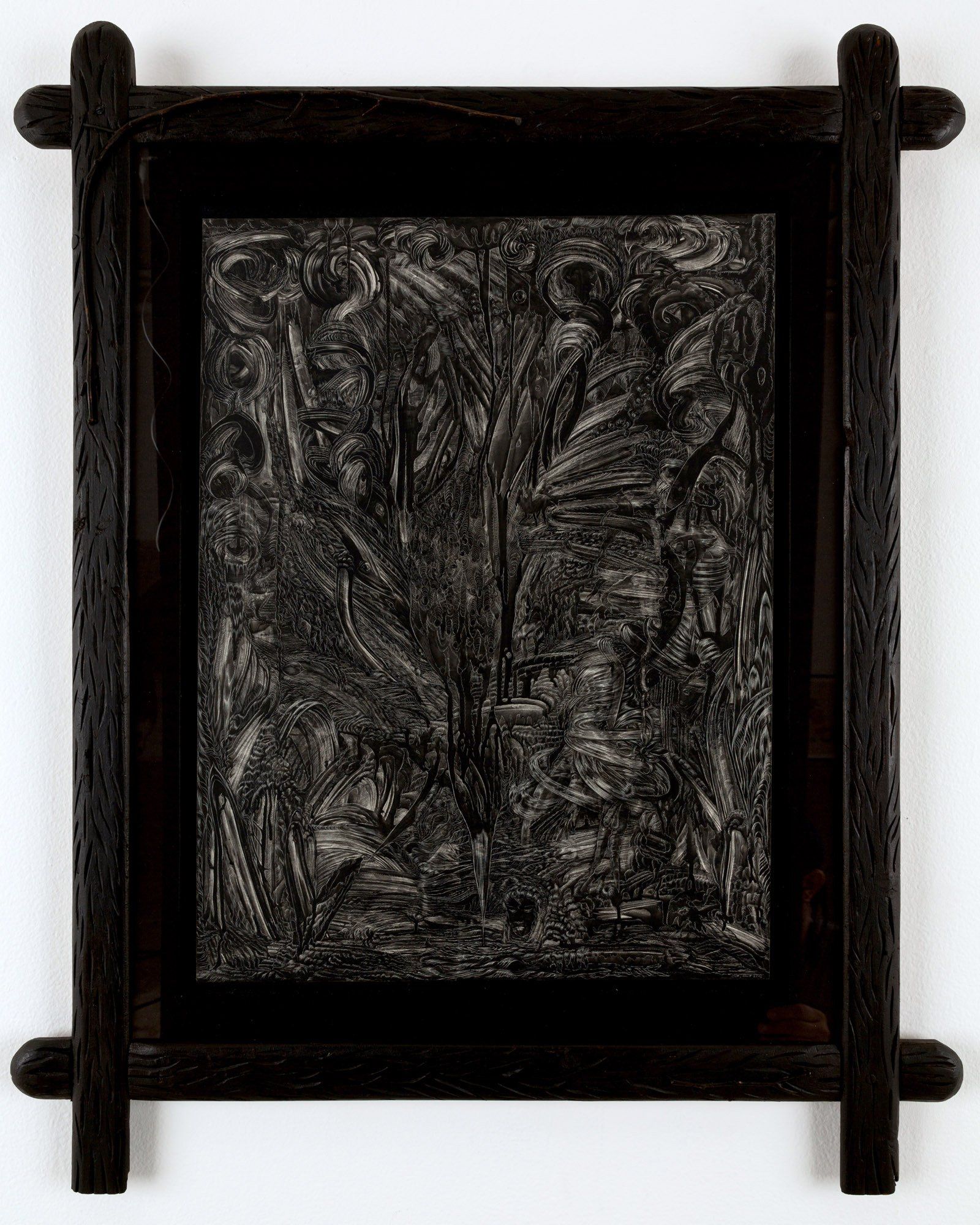 A black and white painting in a wooden frame on a white background.