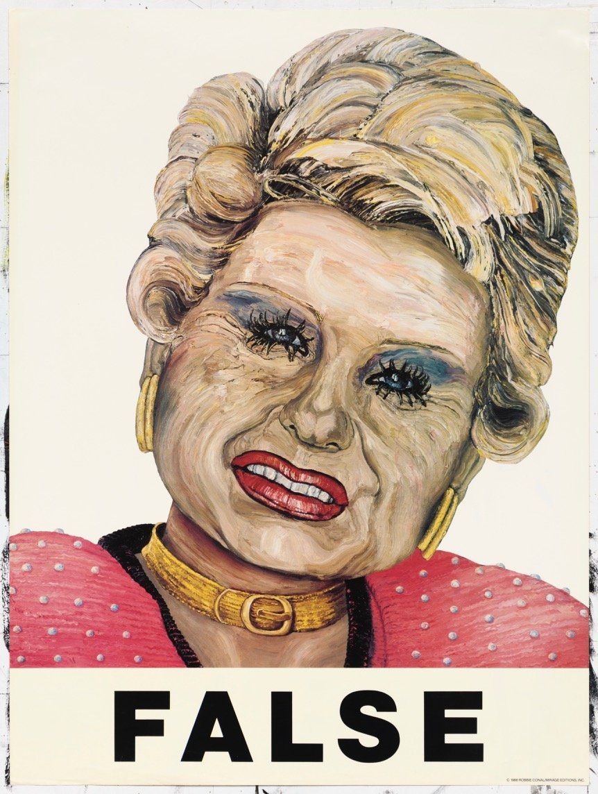 A painting of a woman with the word false below her