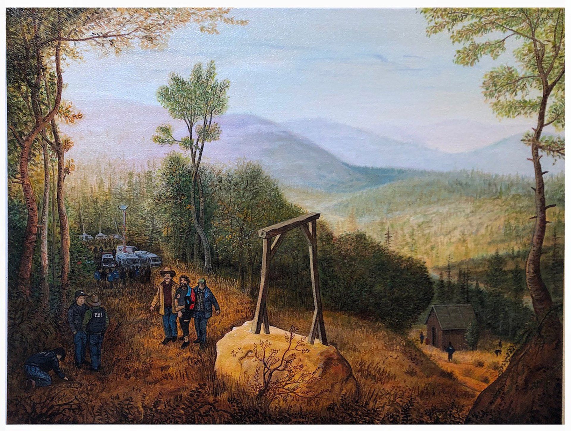 A painting of a group of people standing around a large rock.