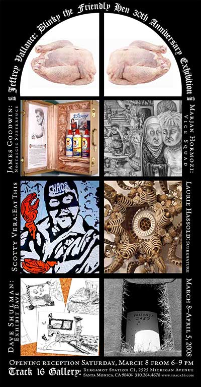 A poster with a collage of pictures including a man in a mask