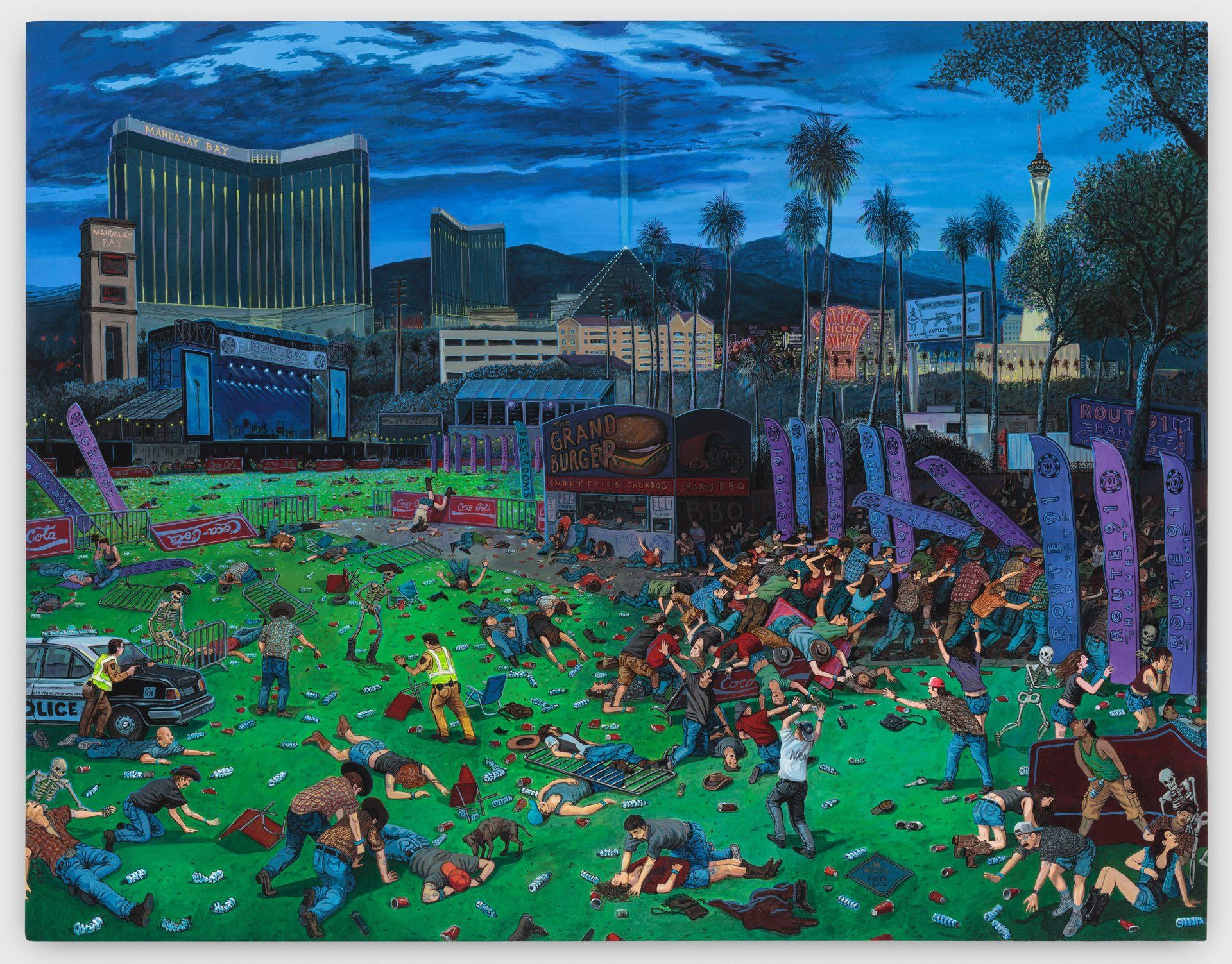 A painting of a crowd of people in a field with a large building in the background.