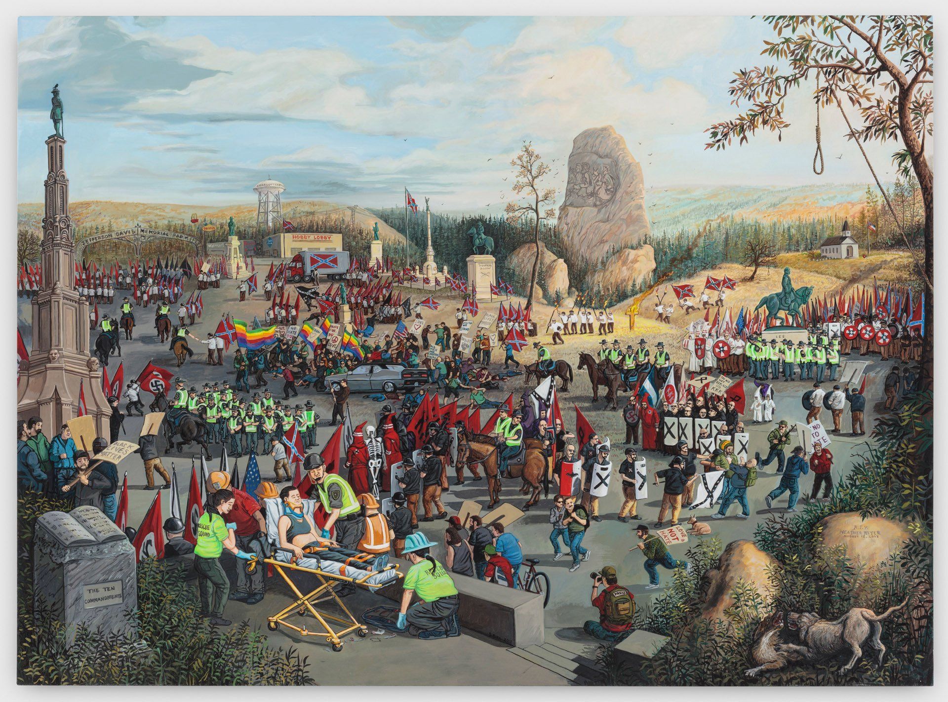 A large painting of a crowd of people gathered in a park.
