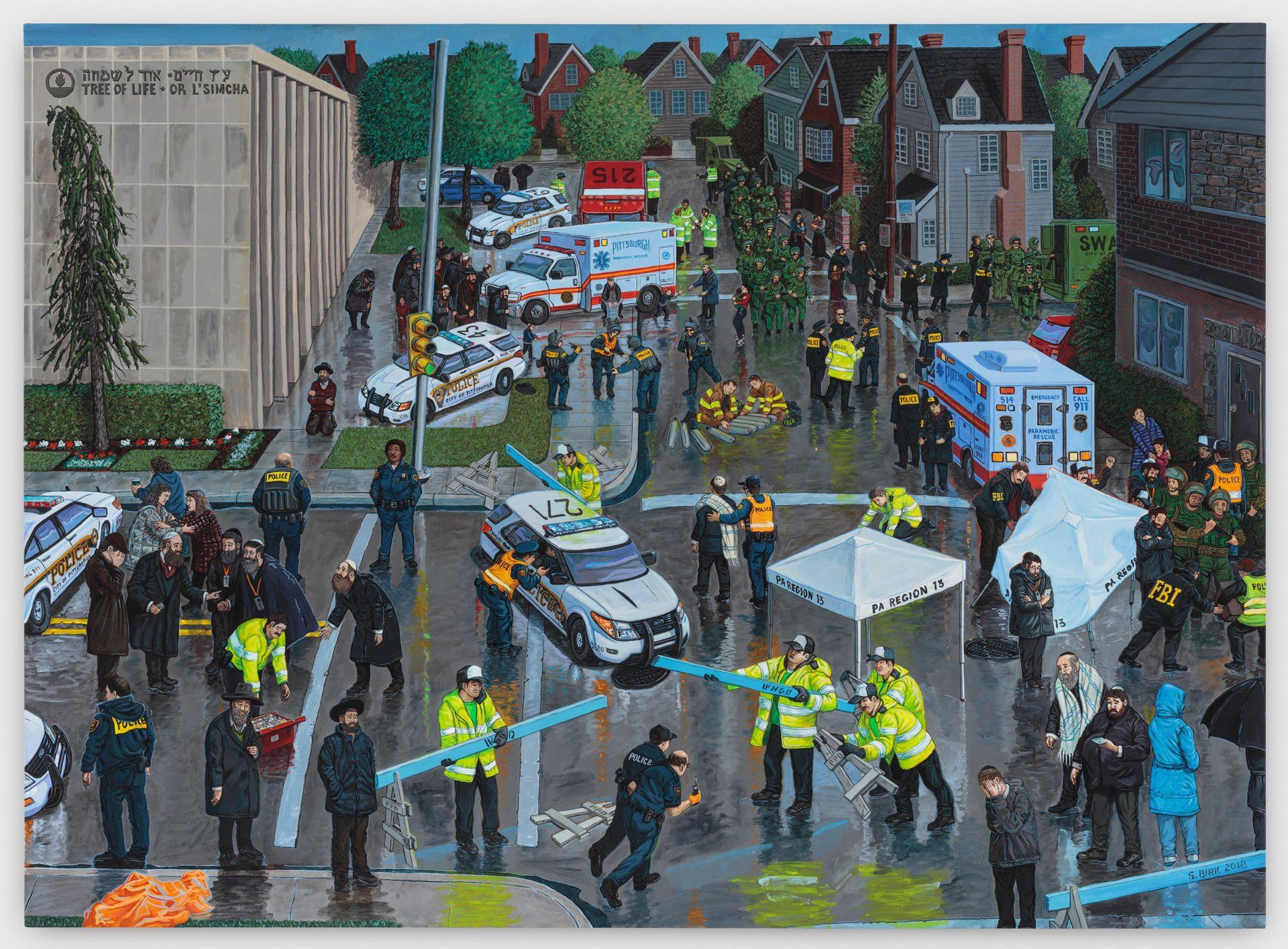 A painting of a group of people standing on a street.