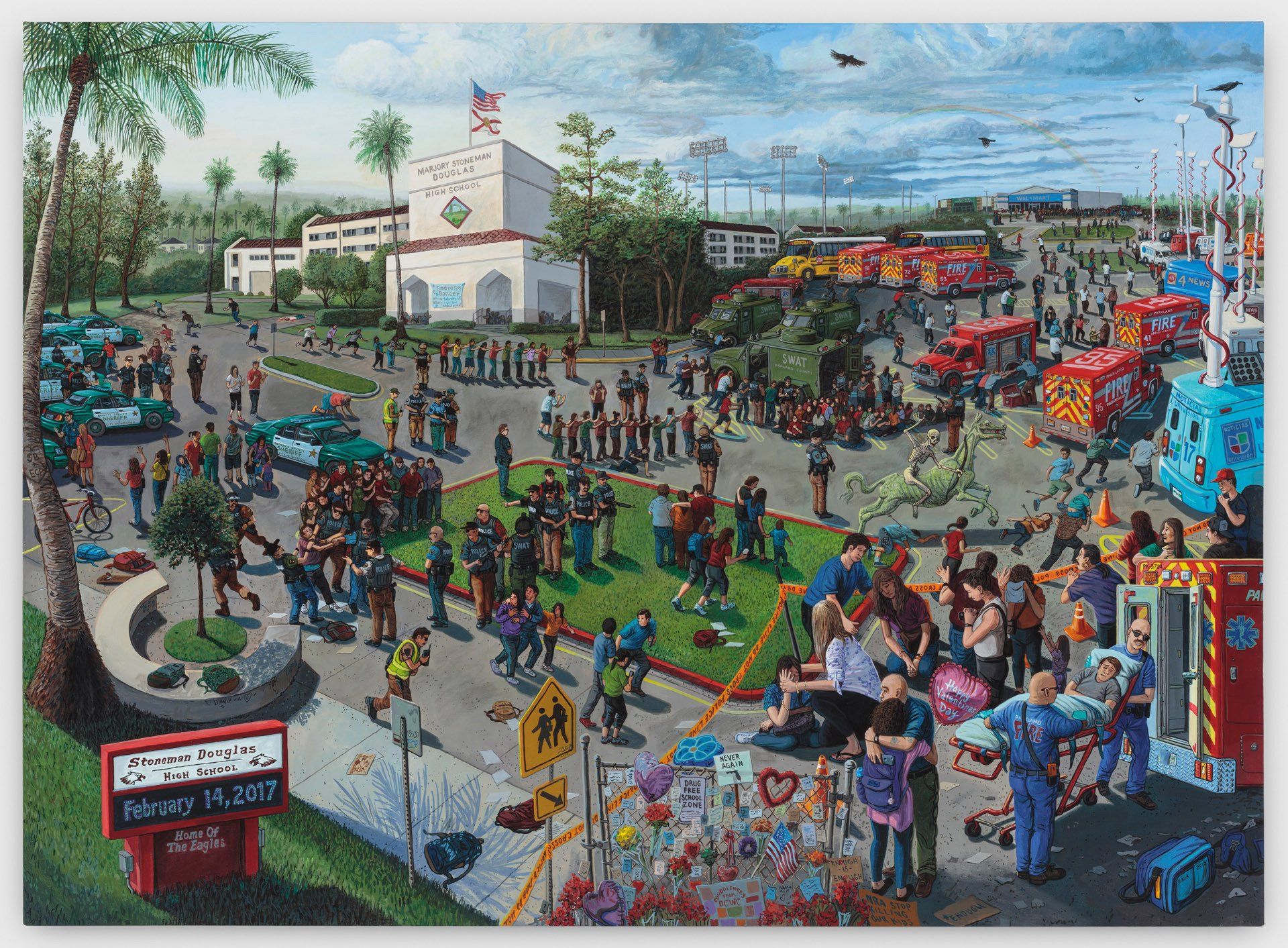 A painting of a crowd of people gathered in front of a school