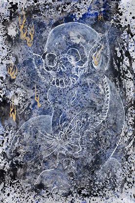 It is a painting of a monkey with a skull on it.