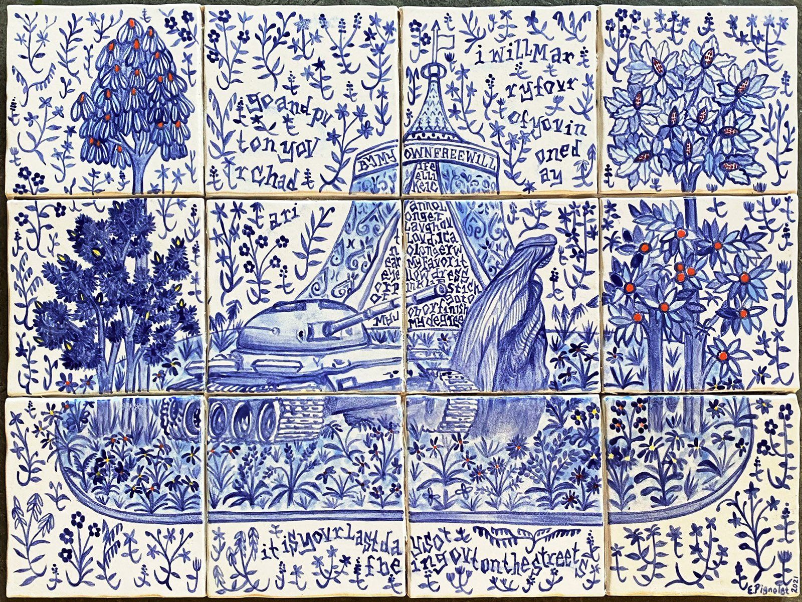 A blue and white tile with a waterfall and trees on it