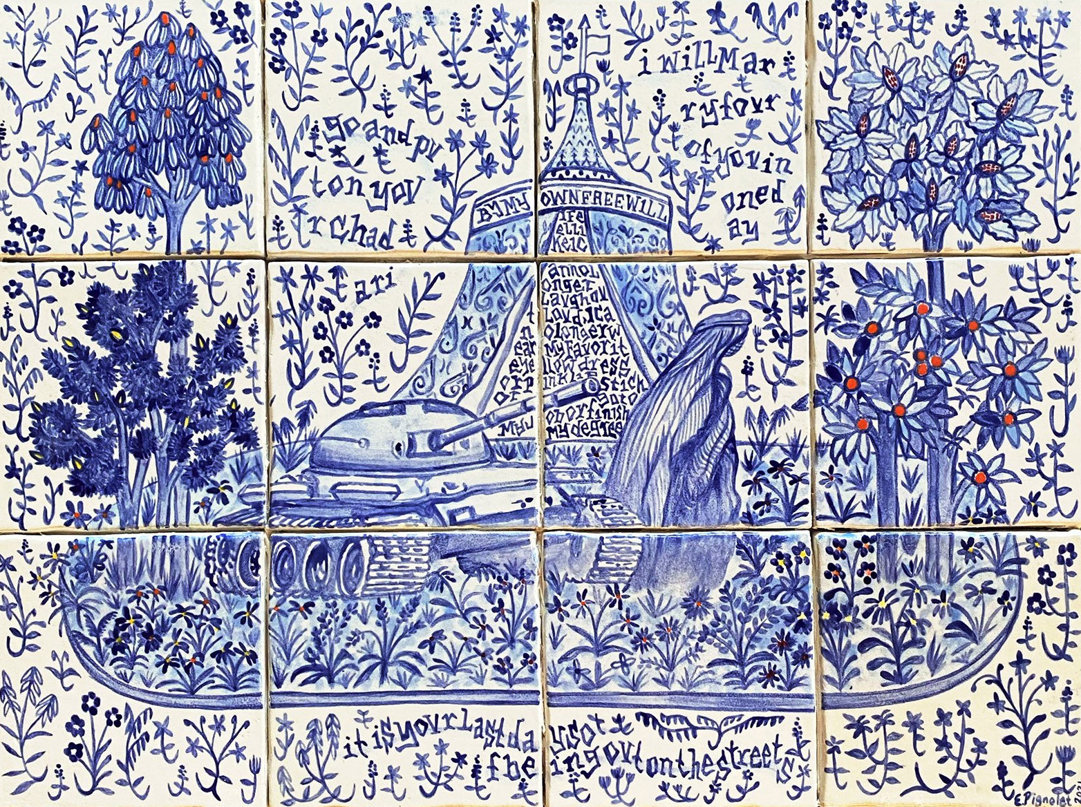 A blue and white painting of a waterfall and trees