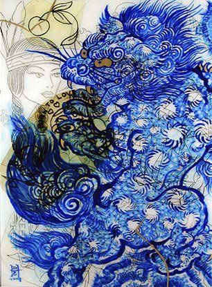 A painting of a blue lion with a woman in the background.