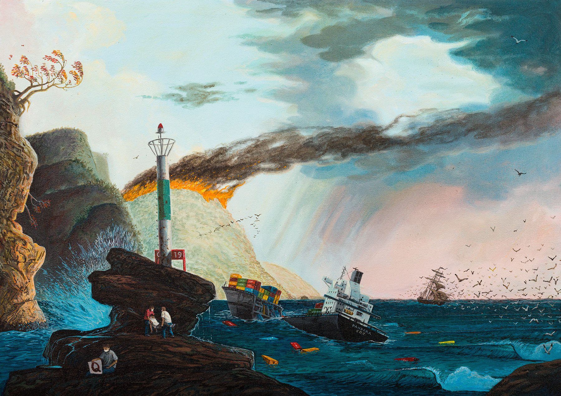 A painting of a lighthouse in the middle of the ocean