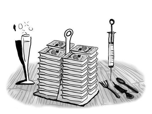 A black and white drawing of a stack of money and a syringe