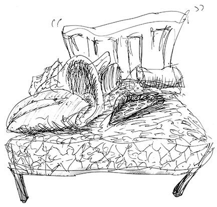 A black and white drawing of a chair with pillows on it.