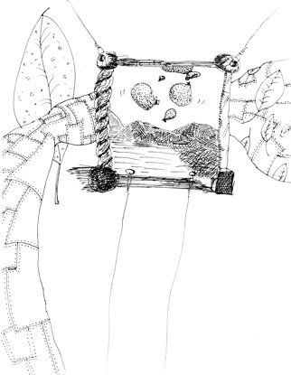 A black and white drawing of a person holding a picture on a rope.