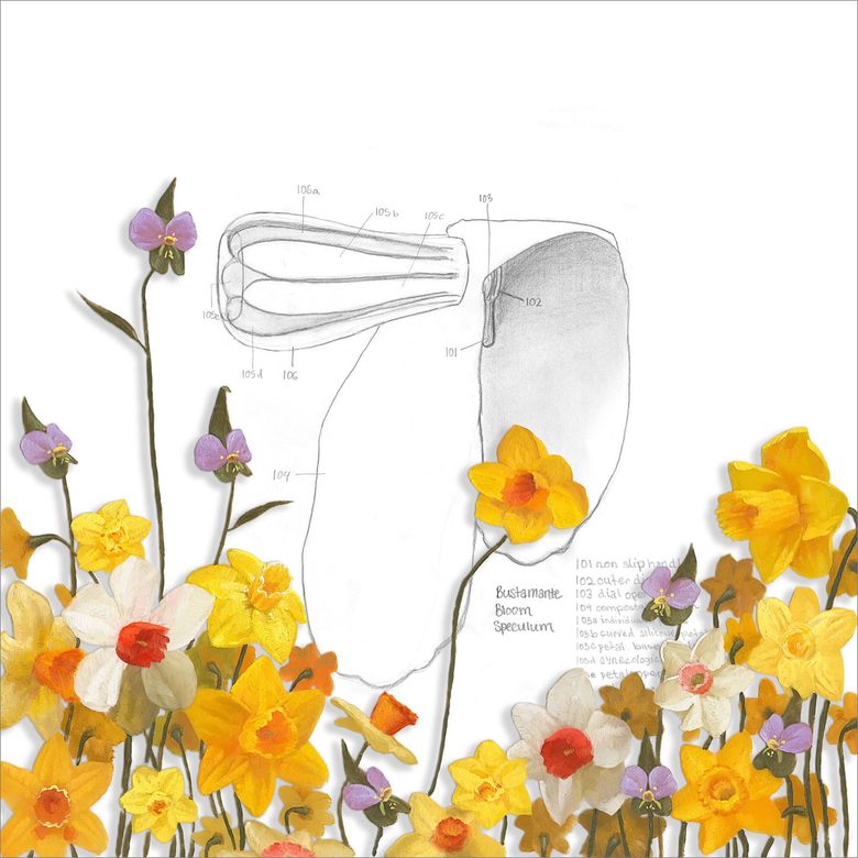 Yellow and purple flowers and a medical speculum on a white background