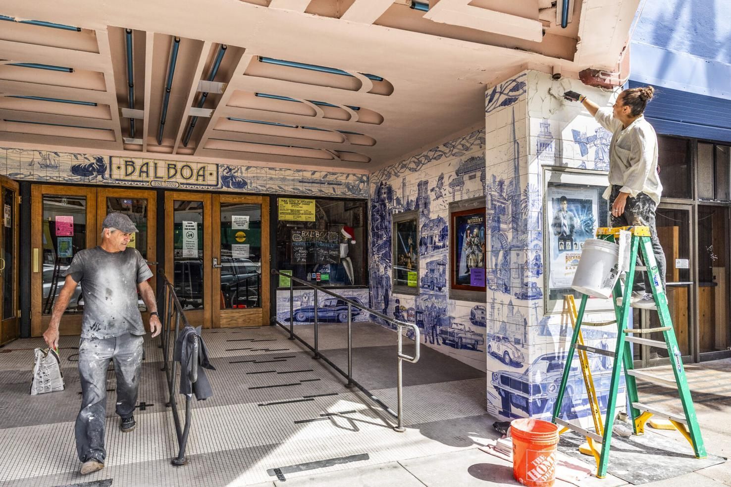 Painting of a woman with five eyes blending with an image of a ballroom.