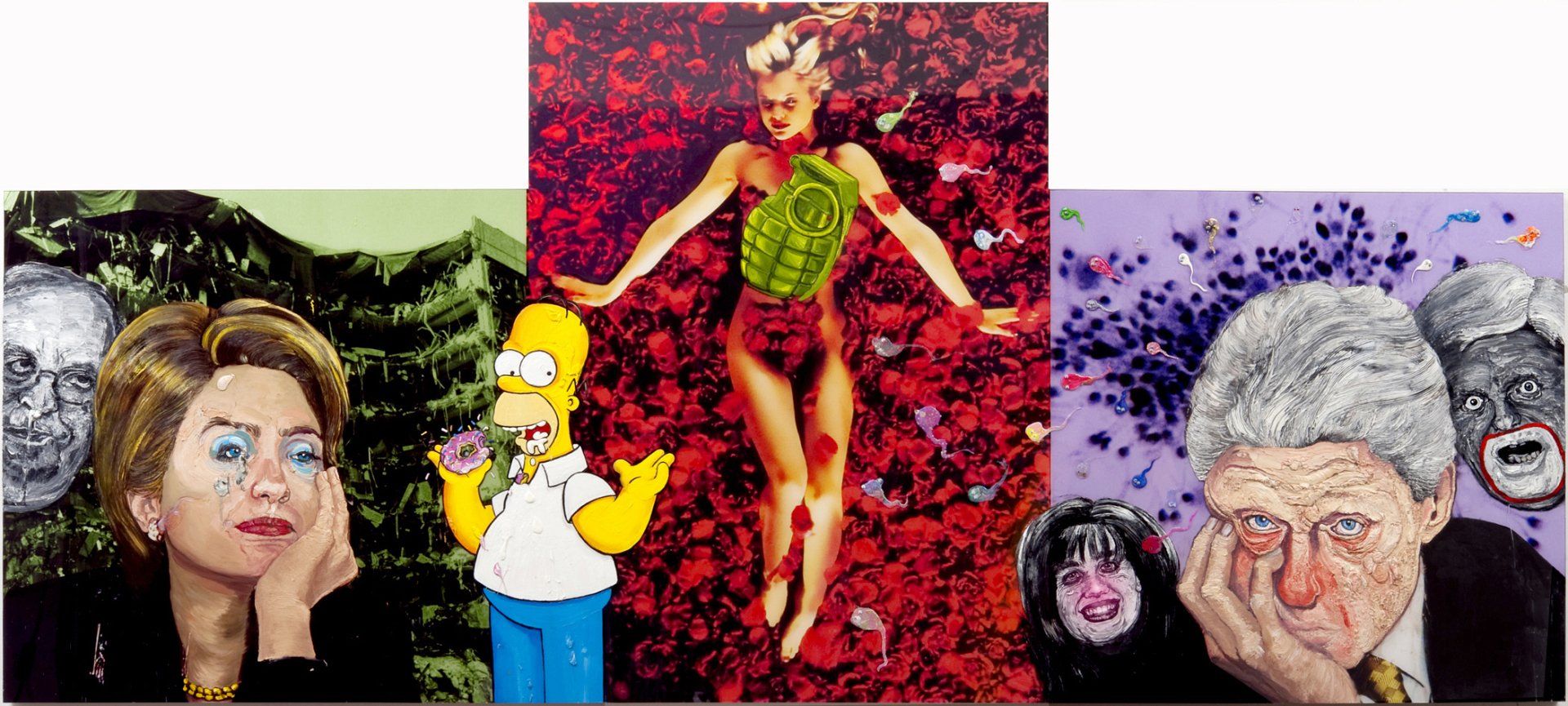A collage of three paintings of a woman , homer simpson , and a man.
