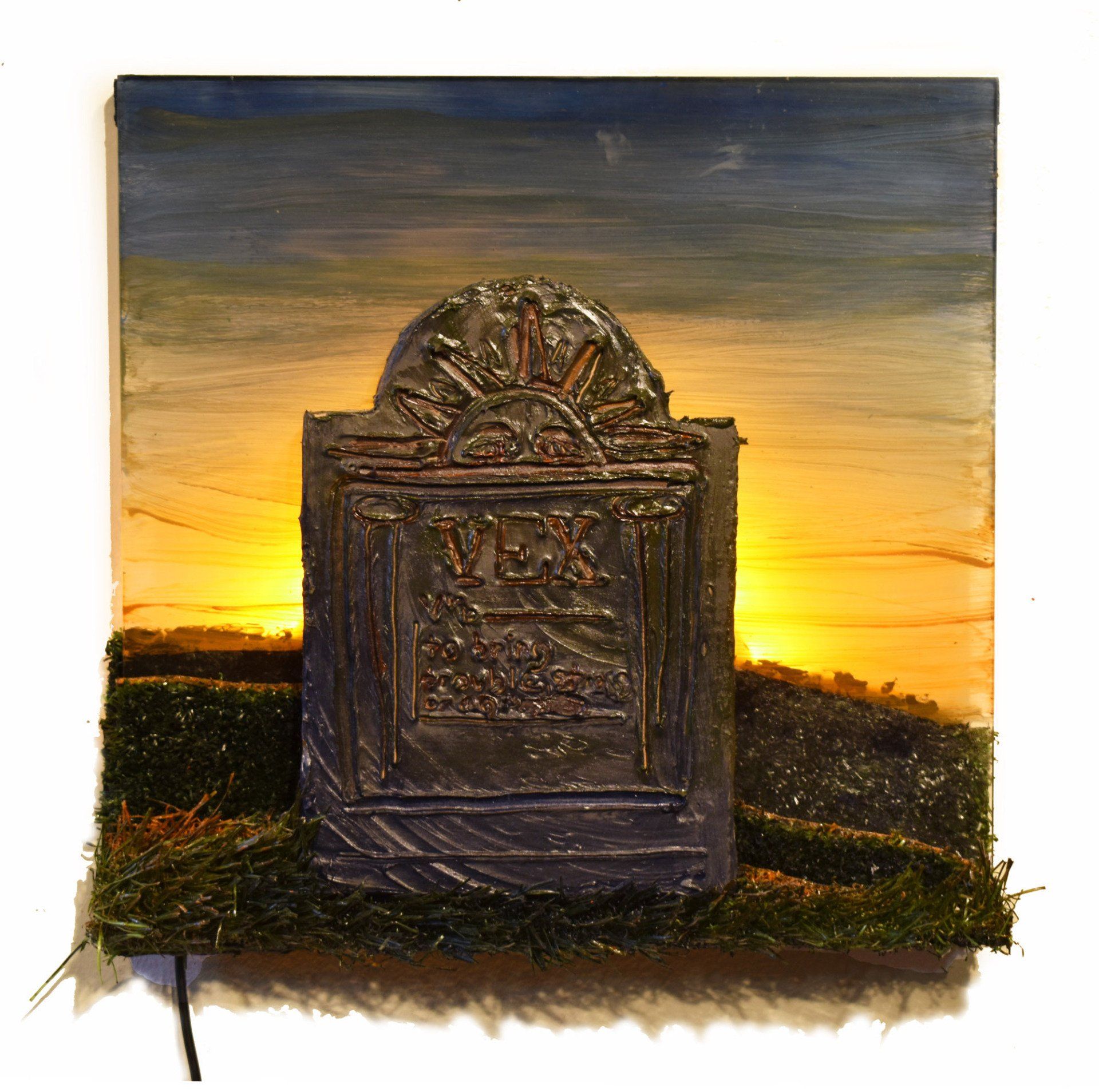 A painting of a gravestone with the name vex on it