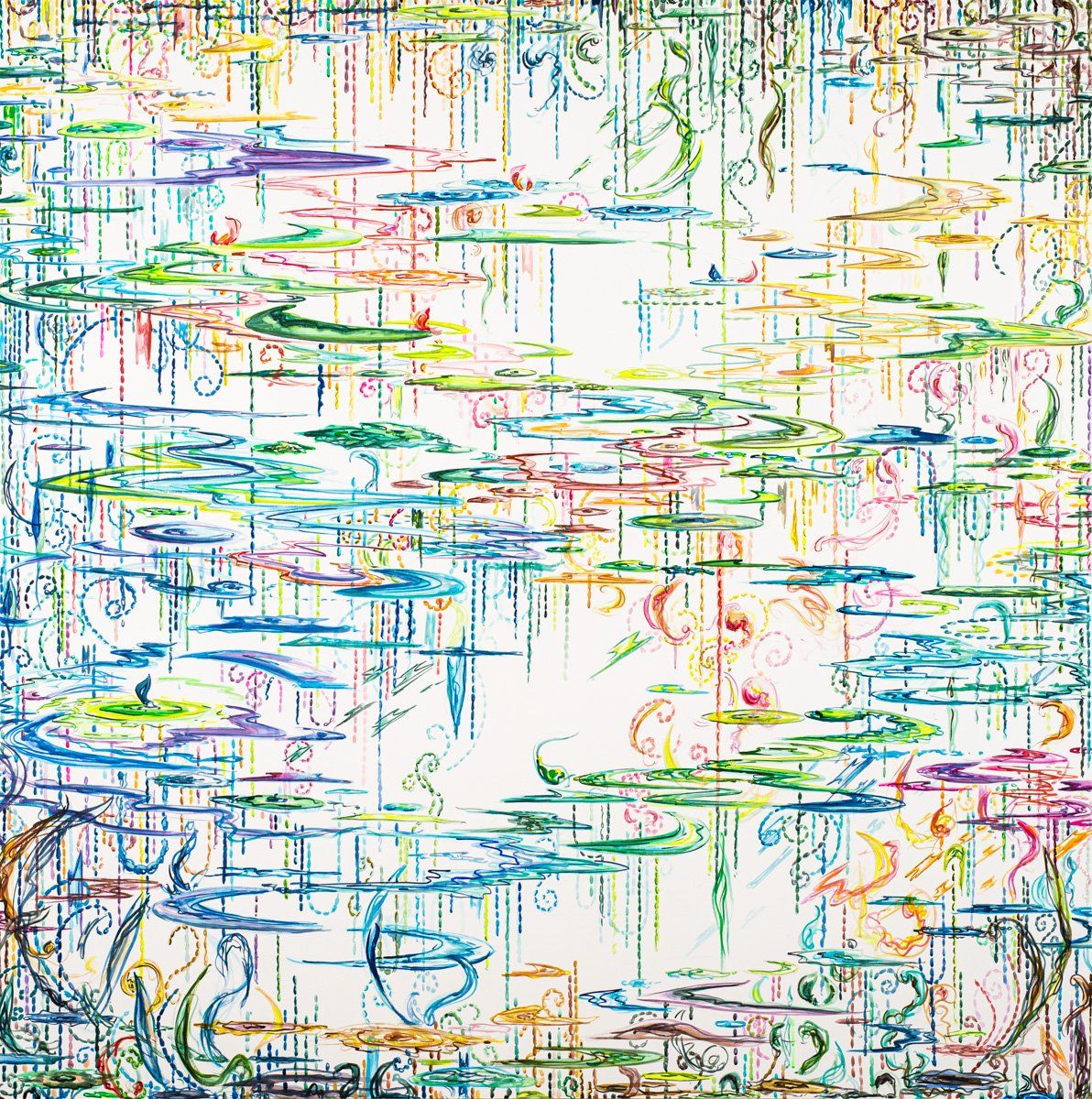 A colorful painting of a pond with lily pads on a white background.