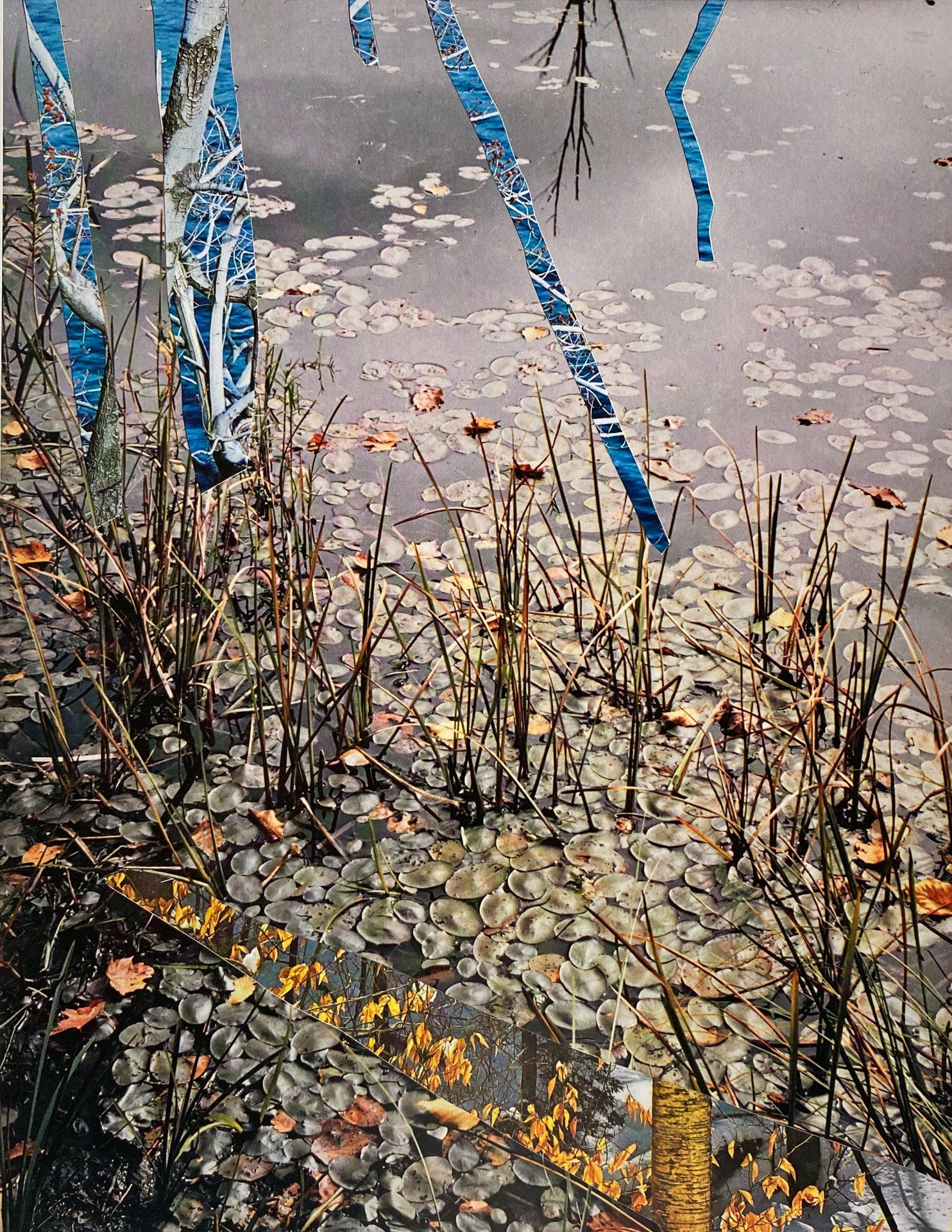 A painting of a pond with trees reflected in the water