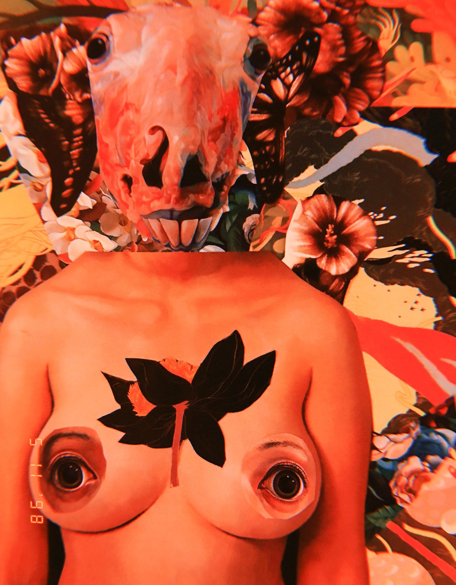 A collage featuring warm colors, pictures, and drawings.