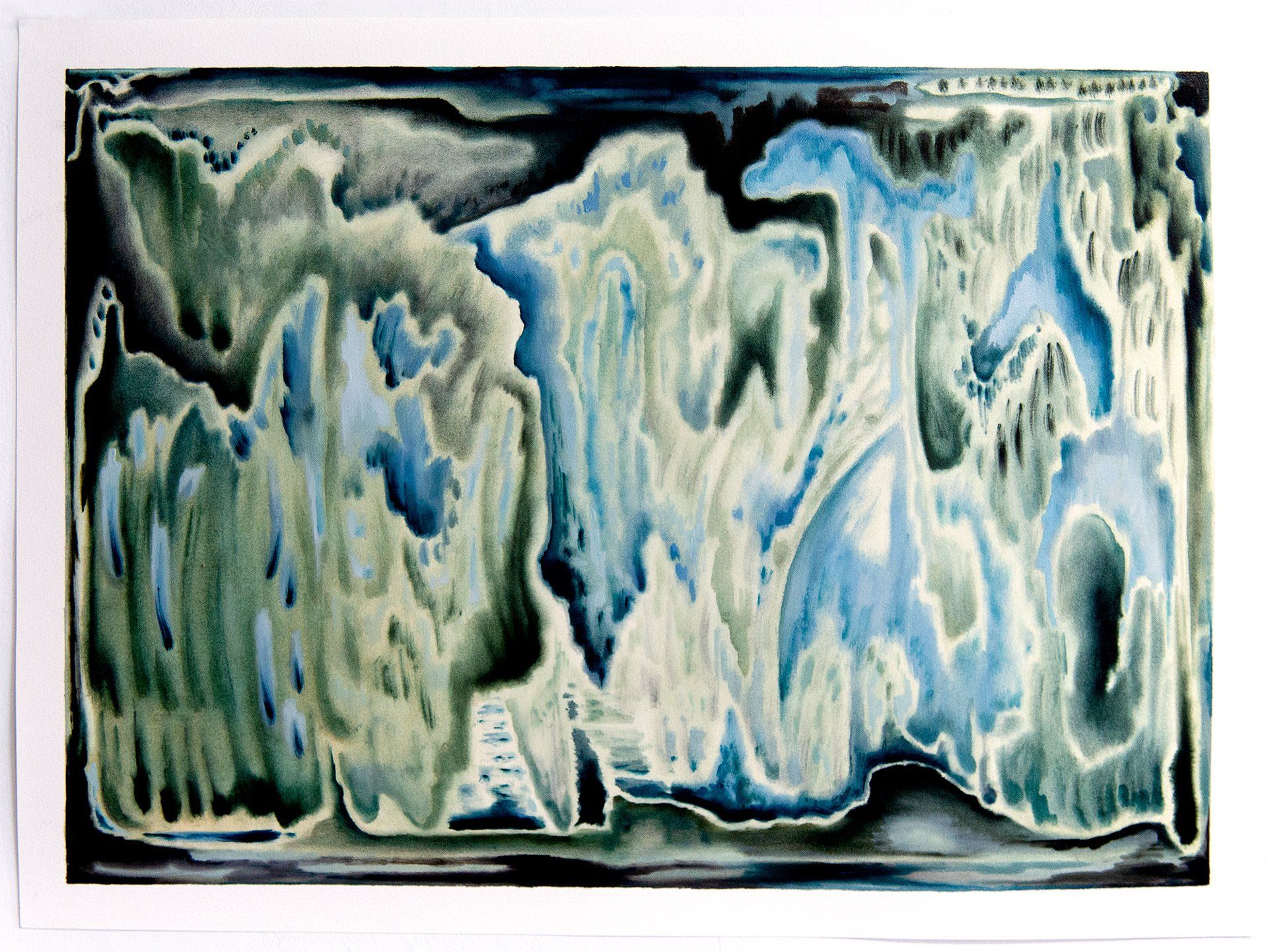 A blue and white painting on a white background