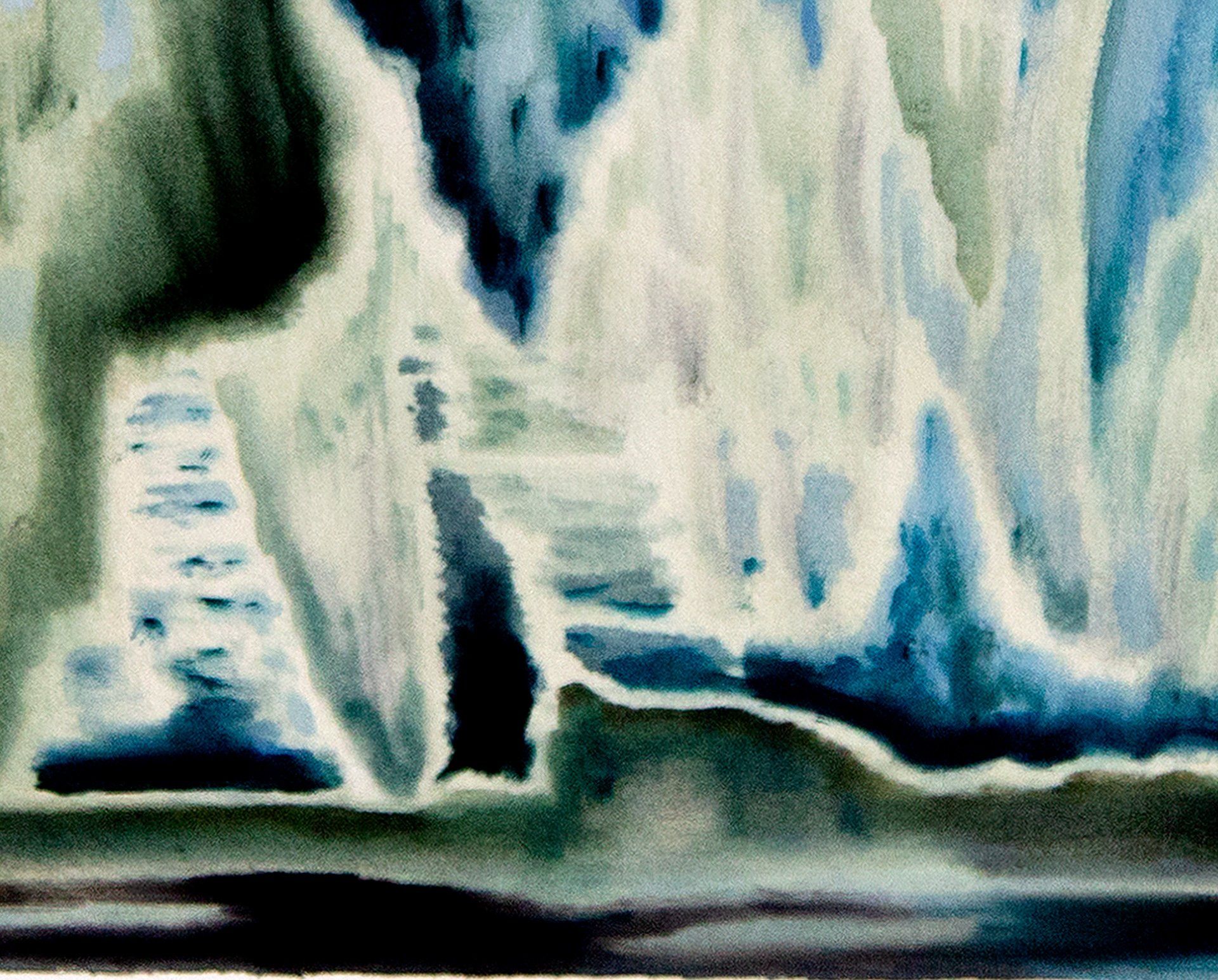 A close up of a watercolor painting of a waterfall.
