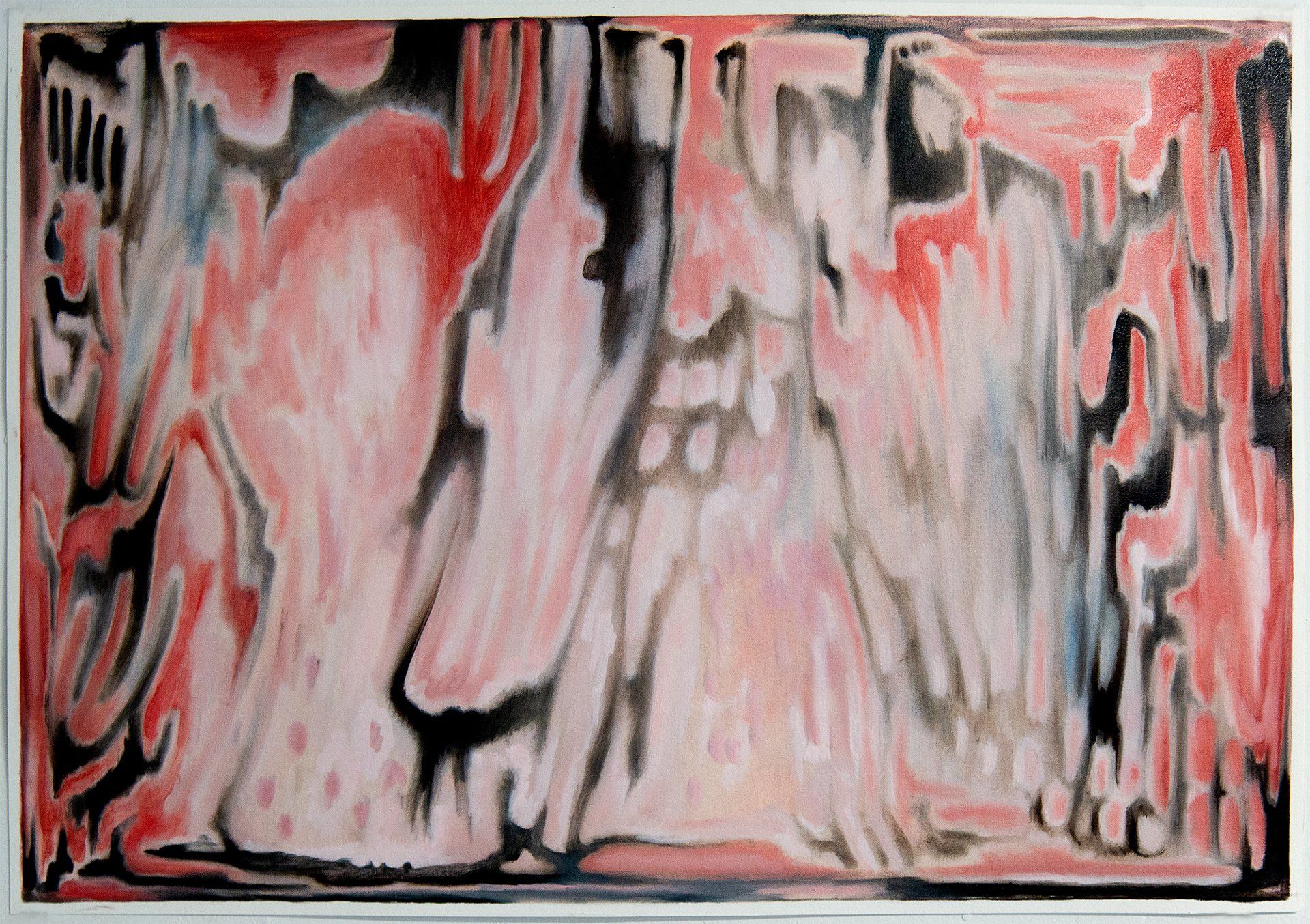 A painting of a pink and black swirl on a white background