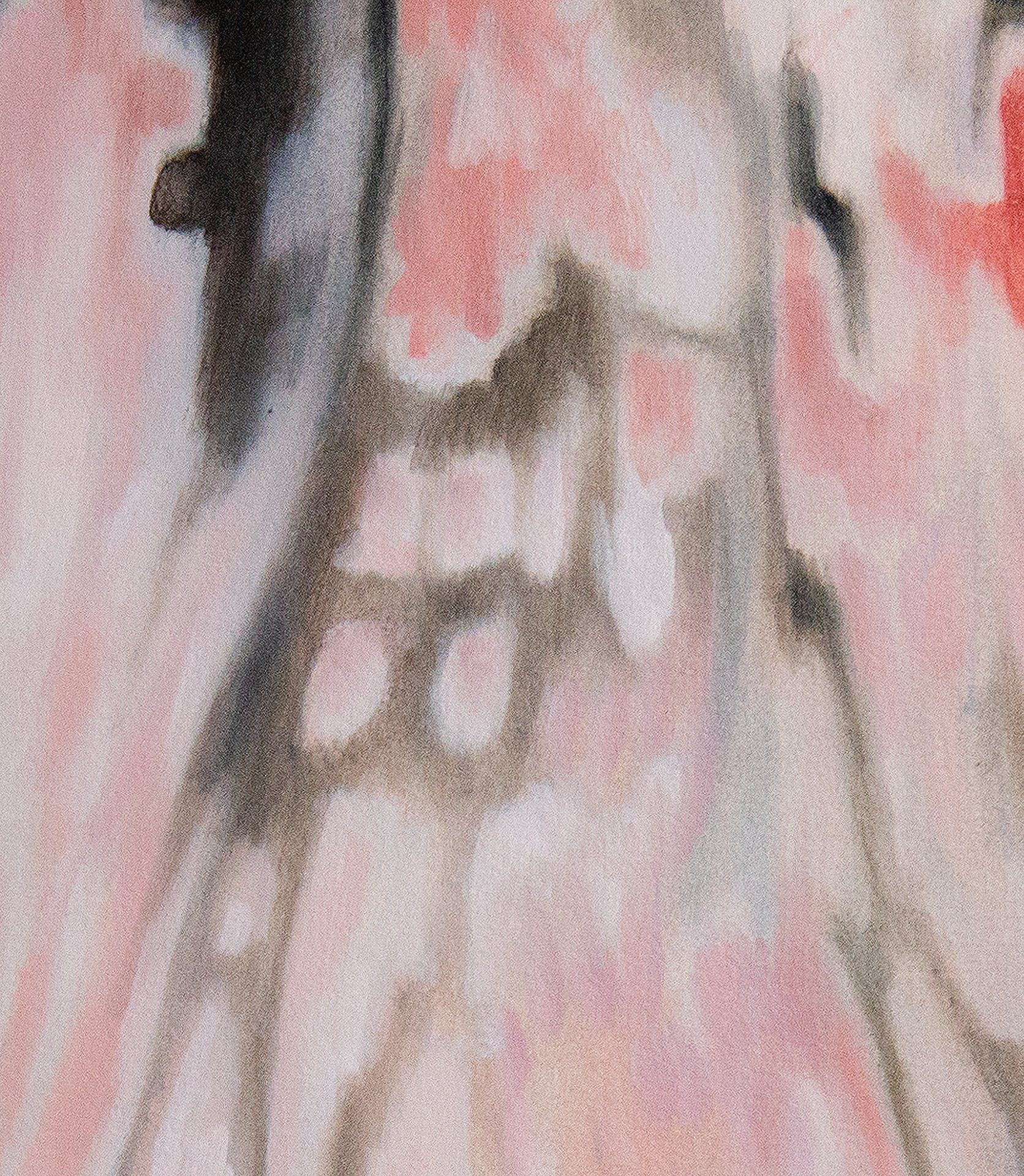 A close up of a painting of a person 's face with a pink background.