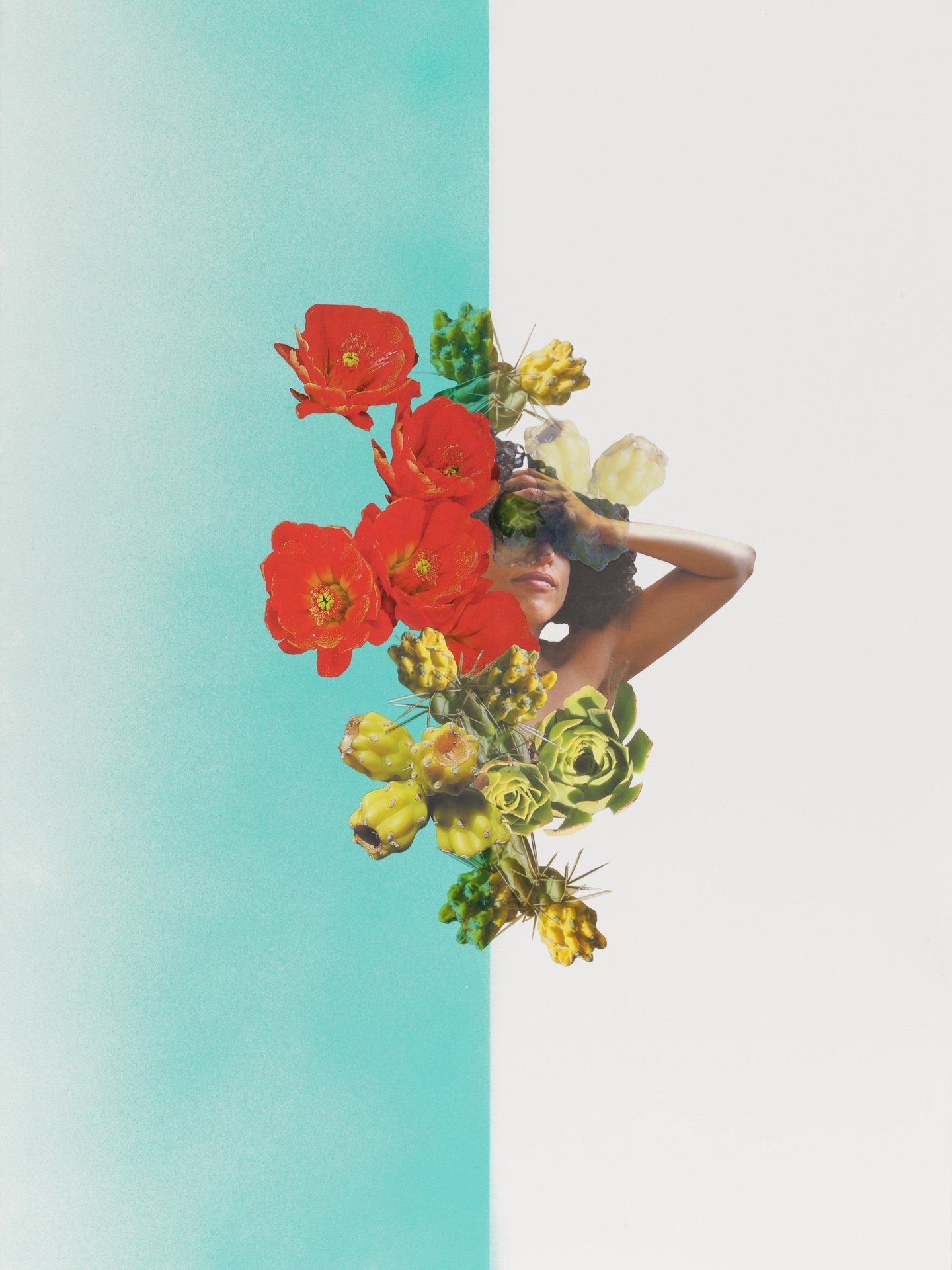 A woman is surrounded by flowers on a blue and white background